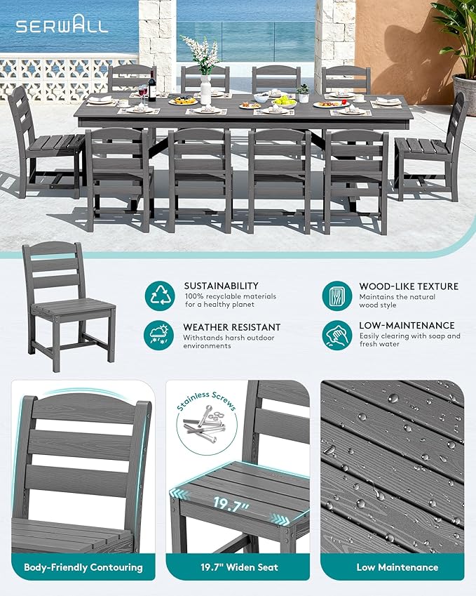 SERWALL 11 Piece Outdoor Dining Set, 84" HDPE Outdoor Table and Chairs for 10，All Weather Patio Furniture Set with Umbrella Hole for Backyard, Garden, Gray SERWALL