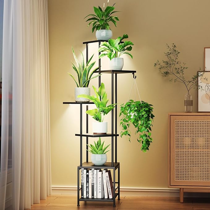 Plant Stand Indoor with Grow Light, 6-Tiered Tall Plant Stand Indoor, Metal Plant Shelf with Hanging Basket Hook and Adjustable Light, Ideal for Living Room, Garden, Patio, Black Homsorout
