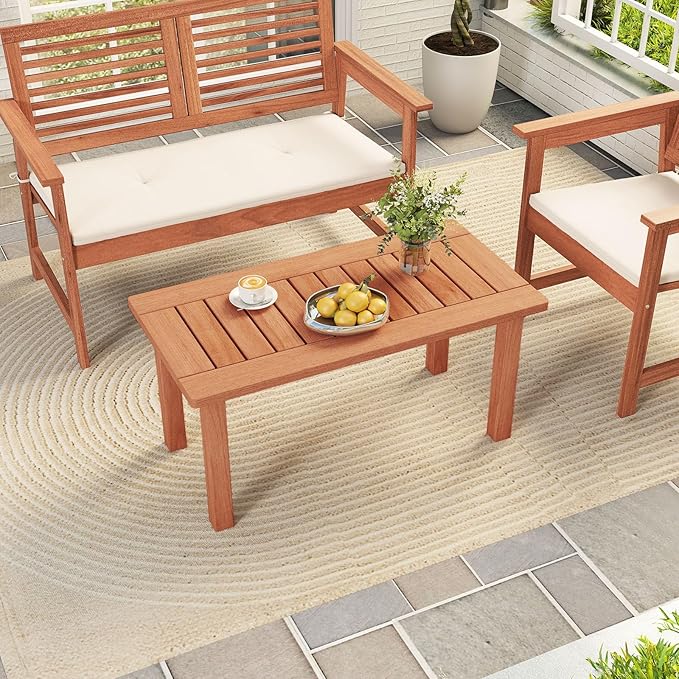 Tangkula Outdoor Coffee Table, 35.5” Patio Table with Slatted Tabletop, Rectangular Wooden Center Table Indoor Outdoor for Balcony, Poolside, Garden, Living Room, Natural TANGKULA