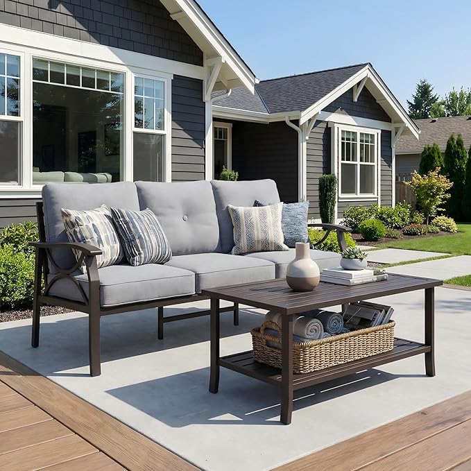 RoyalCraft 3 Seats Outdoor Patio Furniture Set, Outdoor Metal Sectional Furniture with Cushions, Outdoor Conversation Set with Coffee Table for Balcony, Backyard, Garden, Deck, Grey Bringyoubetterlife
