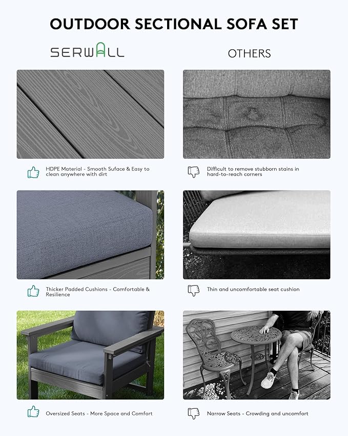 SERWALL HDPE Patio Conversation Set, 6-piece Sectional Outdoor Furniture Set, All Weather Outdoor Couch Set Patio Furniture Set for Deck, Lawn, Grey Frame with Grey Cushion SERWALL