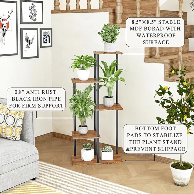 Plant Stand Indoor 5 Tier 6 Potted Metal Wood Plant Shelf, Multiple Flower Pots Corner Tall Plant Holder Stands for Living Room Balcony Bedroom, Rustic Brown GreenLivingSpaces