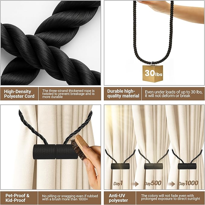 Hion Magnetic Curtain Tiebacks Black 2pcs, Curtain Tiebacks Buckles Holdbacks Holders Hooks Clip for Home Bedroom Office Decorative Curtain Hion