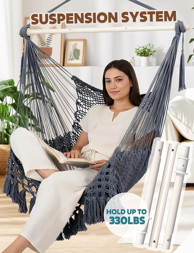 Chihee Hammock Chair Super Large Soft-Spun Cotton Rope Weaving Hanging Chair, Collapsible Strong Metal Spreader Bar Wide Seat Lace Stretch Swing Chairs Indoor Outdoor Garden Yard Theme Decoration Chihee
