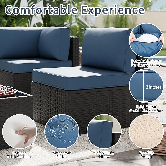 SUNLEI 5 Piece Patio Furniture Sets, Low Back All-Weather Rattan Sectional Sofa with Tea Table&Washable Couch Cushions, Patio Furniture Sets, Black Rattan SUNLEI