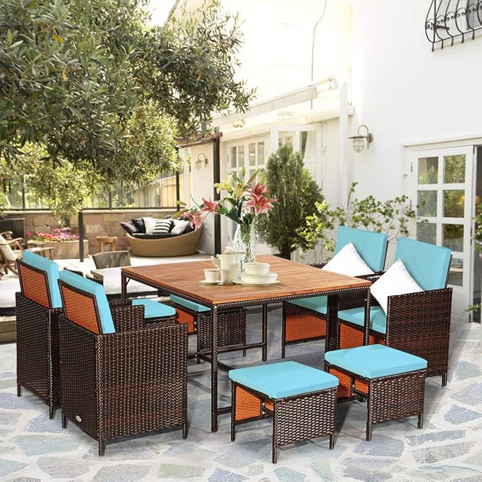 Tangkula 9 Pieces Acacia Wood Patio Dining Set, Space Saving Wicker Chairs and Wood Table with Umbrella Hole Outdoor Furniture Set, Suitable for Garden, Yard, Poolside, Outdoor Seating Set TANGKULA