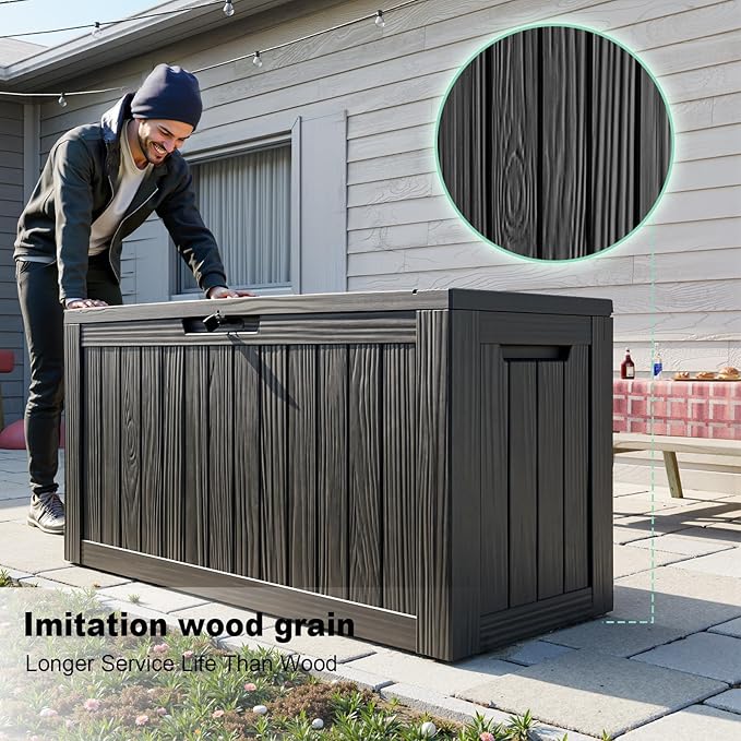 ROJIK Outdoor Storage Housing Deck Box - Waterproof Patio Furniture, Garden Tools, Cushions, Pool Accessories Storage Bench with Lockable Lid and Side Handles (Black 88 Gal) ROJIK