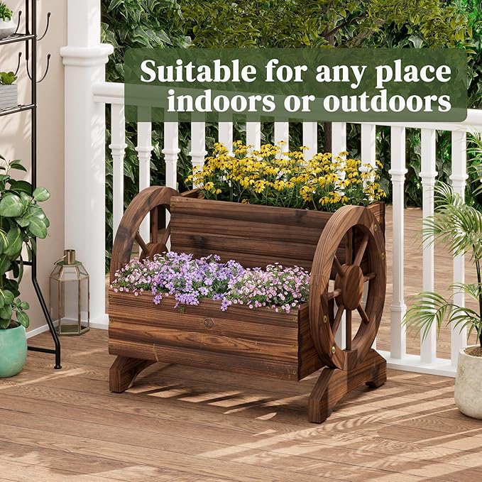 Wooden Wagon Planter Flower Cart with Wheels Garden Box Garden Planter, Decorative Planter for Flowers Herbs Vegetables for Indoor & Outdoor Décor Flower Cart for Patio Garden Balcony (Carbonized) PULIJIAJU