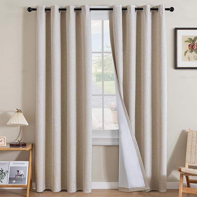 H.VERSAILTEX Linen Curtains 100% Blackout Curtains for Bedroom 108 inch Long Full Light Blocking Nature Linen Blended Window Curtains for Living Room Nickel Grommet (2 Panels, Heathered Natural) HVERSAILTEX
