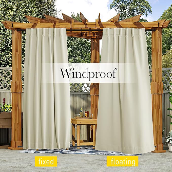 NICETOWN 2 Panels Outdoor Curtains Waterproof Pocket & Back Tab on Top & Bottom, Thermal Insulated Windproof Sun Blocking Outside Privacy Drapes for Patio with Fixed Rope, W52 x L84, Beige NICETOWN