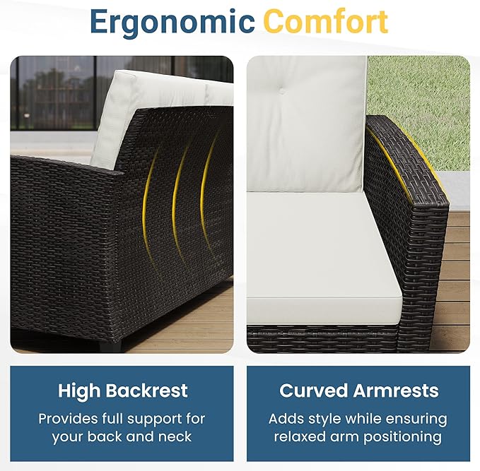 Wisteria Lane 4 Piece Patio Furniture Set, Wicker Outdoor Patio Conversation Furniture Set, All Weather Outdoor Patio Sofa with Cushion and Wood Table, Beige Wood WisteriaLane