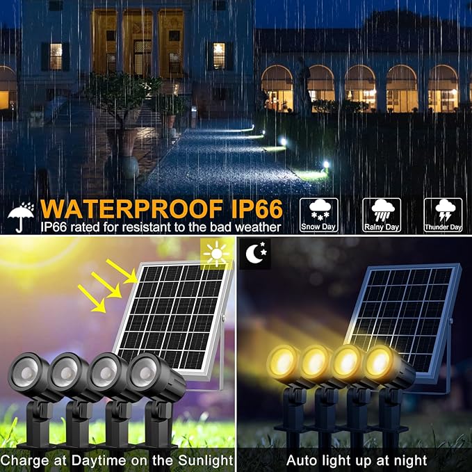 MEIKEE Solar Spot Lights Outdoor, 4-in-1 Solar Landscape Lights, 4W/6V IP66 Waterproof, 2700K/4000K/6500K Outdoor Landscape Spotlights with Remote for Garden Yard Driveway MEIKEE
