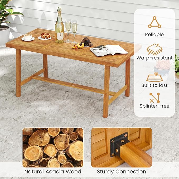 Tangkula 6 Piece Patio Dining Set for 5-6 People, 63” Outdoor Acacia Wood Table with 1.97” Umbrella Hole & Bench & 4 Cushioned Armchairs, for Deck Yard and Poolside TANGKULA