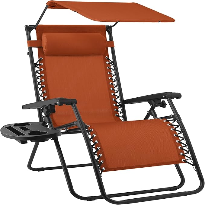 Best Choice Products 30” Wide Folding Zero Gravity Outdoor Recliner Patio Lounge Chair w/Adjustable Canopy Shade, Headrest, Side Accessory Tray - Burnt Orange BestChoiceProducts