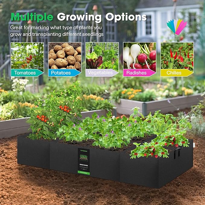 VIVOSUN 8-Grid 129 Gallon Plant Grow Bags, Large Fabric Raised Garden Bed with 400G Thickened Breathable Fabric, Reinforced Handles & 10 Pcs Plant Labels for Flowers, Vegetables, Fruits VIVOSUN