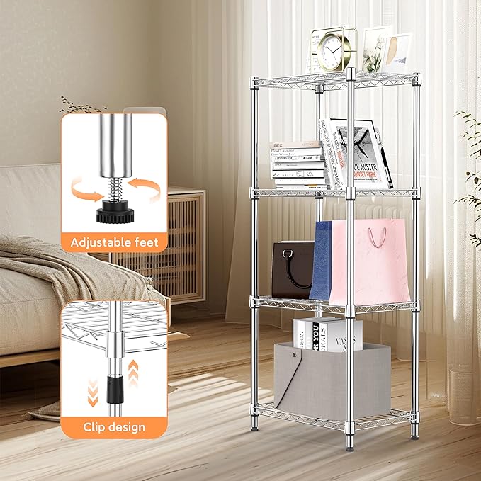 4 Tiers Shelf Metal Storage Shelves Wire Rack Closet Organizers with Wheel for Garage Kitchen Bathroom Laundry Chrome 11.8" D x 17.7" W x 41.9" H MEIGAOPLASTICANDMETALHKCOLIMITED