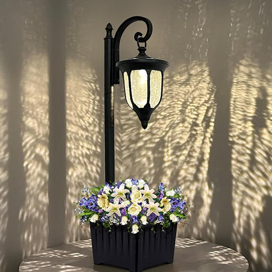 Solar Lamp Post Light with Planter, Outdoor Solar Lights with Crackle Glass, Matte Black Outdoor Flower Pots, 2 in 1 Solar Post Lights Waterproof for Porch Garden Patio YonaveilLighting