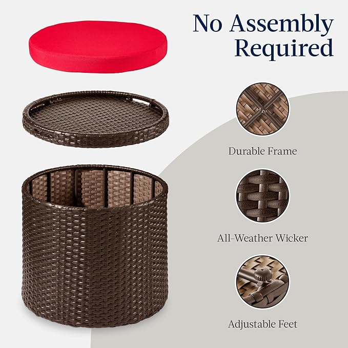 Best Choice Products Round Wicker Ottoman, Multipurpose Outdoor Furniture for Patio, Backyard, Additional Seating, Footrest, Side Table w/Storage, Removable Cushions – Brown/Red BestChoiceProducts