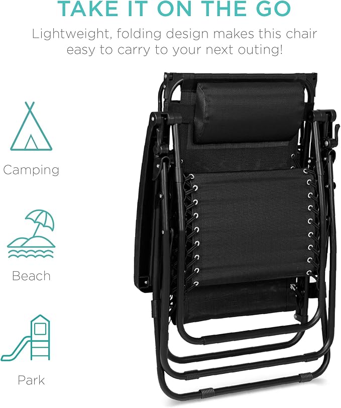 Best Choice Products Folding Zero Gravity Outdoor Recliner Patio Lounge Chair w/Adjustable Canopy Shade, Headrest, Side Accessory Tray, Textilene Mesh - Black BestChoiceProducts