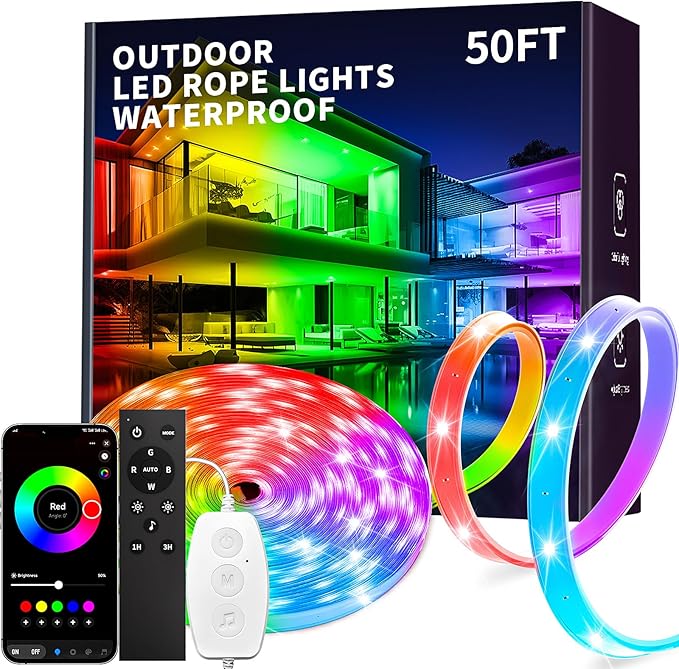 KSIPZE 50ft Outdoor led Strip Lights Waterproof IP68, RGB Outdoor led Lights with Button & Bluetooth App Control, Music Sync, Timer, Exterior Led Rope Lights for Decor Balcony, Roof, Garden, Pool KSIPZE