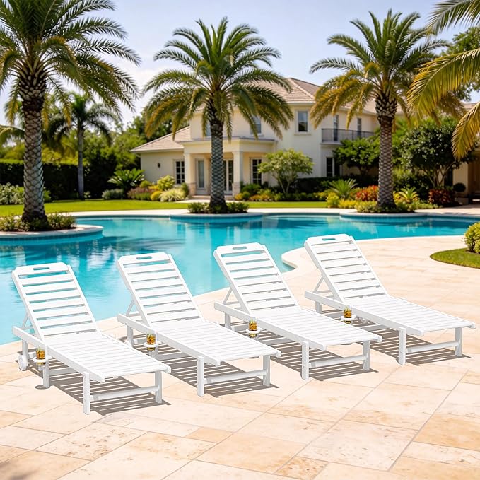 SERWALL Patio Chaise Lounge Chair Set of 4, HDPE Outdoor Lounge Chair with Cup Holder, 5 Positions Adjustable Pool Lounger with Rolling Wheels for Poolside, Deck, Sunbathing, White SERWALL