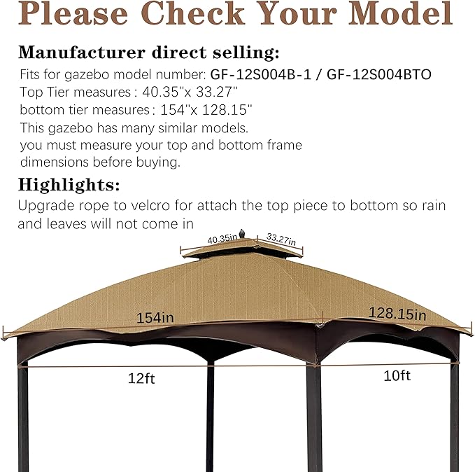 SCOCANOPY Beige Ripstop Replacement Top for Lowe's Allen Roth 10X12 Gazebo Model #GF-12S004B-1/ GF-12S004BTO SCOCANOPY