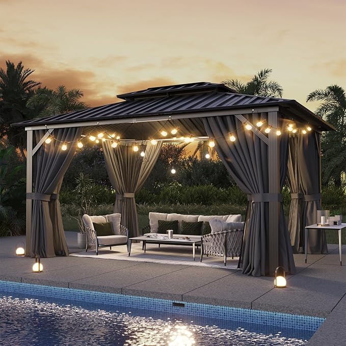 Aoxun 10'x12' Hardtop Gazebo, Aluminum Frame Canopy with Double Galvanized Steel Roof, Outdoor Metal Pavilion with Netting, and LED Outdoor Waterproof Hanging Lights Aoxun