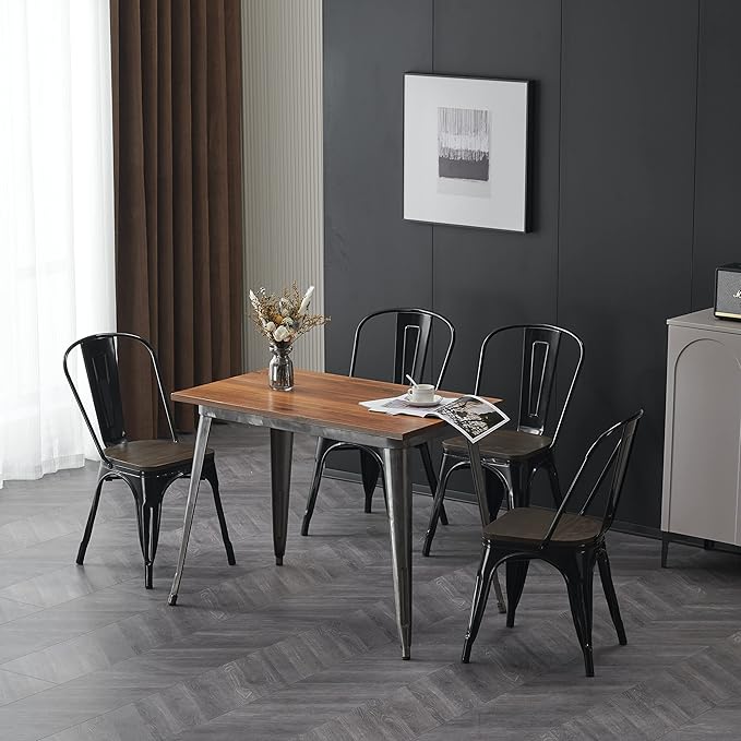 Nazhura Metal Dining Chair Farmhouse Tolix Style for Kitchen Dining Room Café Restaurant Bistro Patio, 18 Inch, Stackable, Waterproof Indoor/Outdoor (Sets of 4) (Black with Wood Padding) NazhuraGoodCompanionAtHome