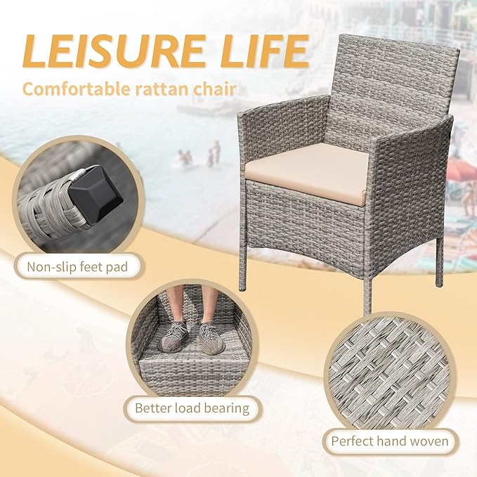 Greesum 3 Pieces Patio Furniture Sets Outdoor PE Rattan Wicker Chairs with Soft Cushion and Glass Coffee Table for Garden Backyard Porch Poolside, Gray and Beige BuynowfromGreesum