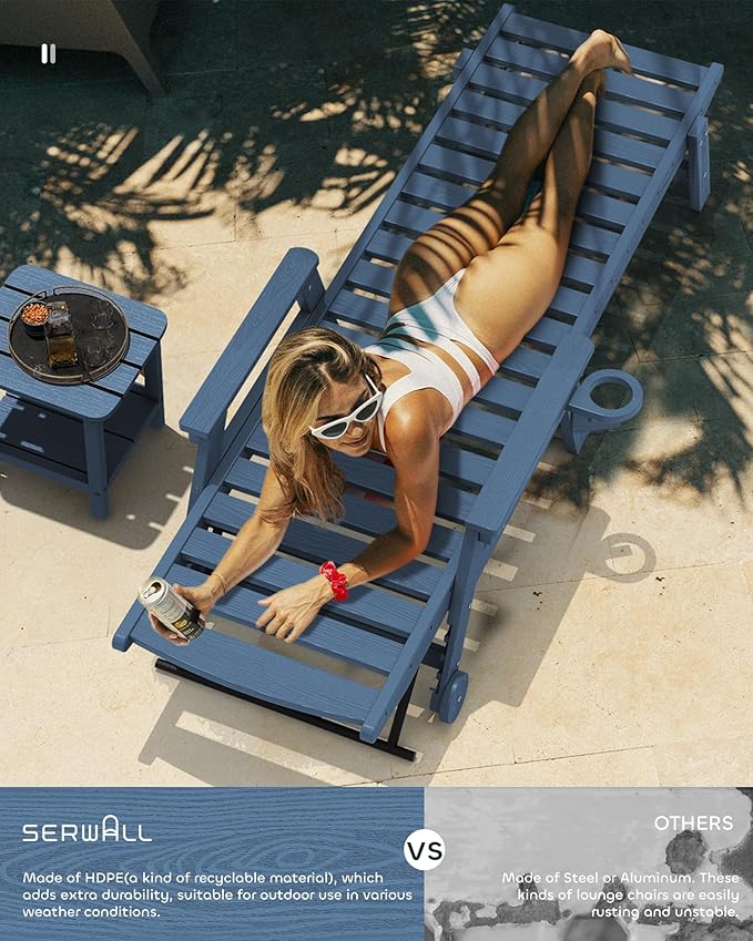 SERWALL Patio Chaise Lounge Chair, 78'' Long HDPE 5 Positions Adjustable Outdoor Lounger, Poly Lounge Chair with Rolling Wheels & Cup Holder for Pool, Navy Blue SERWALL