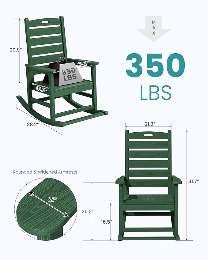 SERWALL Outdoor Rocking Chair Set of 2, Oversized Rocking Chair with Footboard for Adults, HDPE All Weather Resistant Rocking Chairs for Patio, 350lbs Weight Capacity,Green SERWALL