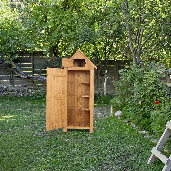 Outvita Outdoor Storage Cabinet, 70in Wooden Vertical Garden Tools Shed, Patio Storage Organizer with Latch & Waterproof Roof for Yard Deck Lawn Farmland Equipment(Natural) Outvita