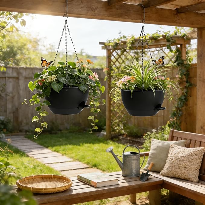13 Inch 2 Pack Large Self Watering Hanging Planters for Indoor Outdoor Plants, Hanging Plant Pots with Removable 50 Oz Reservoir, Plastic Hanging Basket for Window Porch Garden Balcony, Black UOUZ