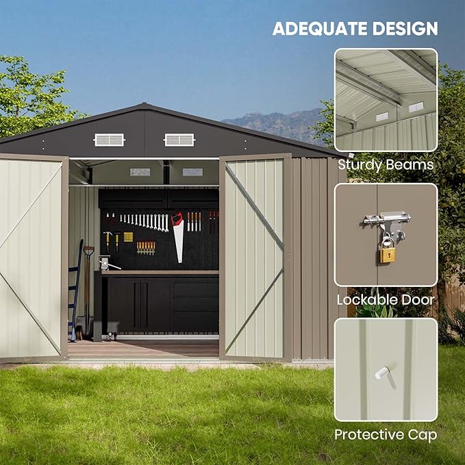 Patiowell 10 x 8 FT Outdoor Storage Shed with Floor Frame, Large Garden Tool Metal Shed with Sloping Roof and Double Lockable Door for Backyard Garden Patio Lawn,Brown Patiowell