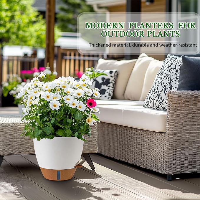 2 Pack 10 inch Plant Pots, Plastic Self Watering Planters with Drainage Holes, Deep Reservoir, Water Level Indicator, Modern Decorative Flower Pots for Indoor Outdoor Plants (White, 10 inch) Fielda