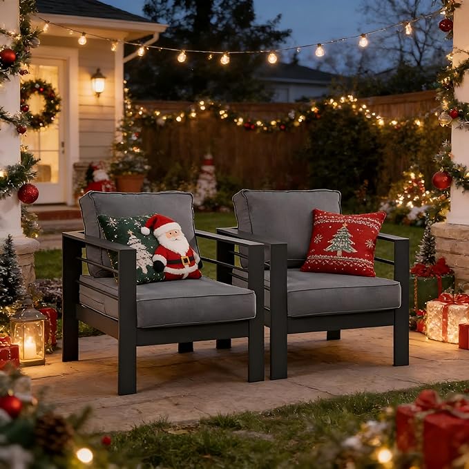 Kiss the Water Outdoor Patio Metal Furniture Chair, 2 PCS All-Weather Aluminum Outdoor Sofa with 5" Thick Soft Cushion and Wide Arm, Deep Seating Patio Couch for Balcony, Porch, Backyard KisstheWaterPatioTool