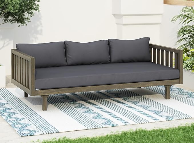 Merax Outdoor 3 Seater Daybed, Acacia Wood Day Bed Couch Sofa with Cushions for Patio Backyard, Garden, Dark Grey Merax