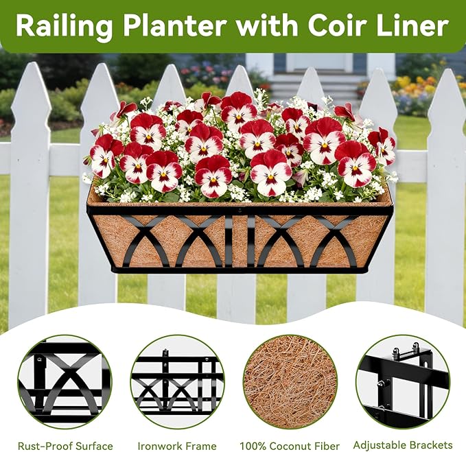 Halatool 2 Pack Heavy-Duty Metal Deck Railing Planter Box, 24 Inch Rust-Resistant Rectangular Window Boxes Planters with Coco Liner & Adjustable Brackets, Grow More On Your Balcony, Patio & Fence HALATOOL
