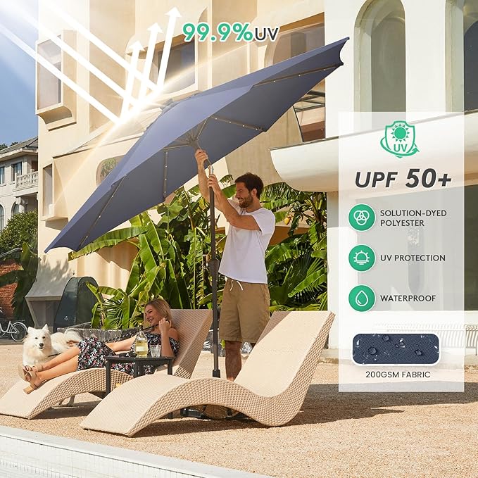 JEAREY 9FT Outdoor Patio Umbrella with Solar Lights, LED Lighted Pool Umbrella with Tilt and Crank, Outdoor Table Umbrellas for Deck, Yard & Market (9ft, Navy Blue) JEAREYOutdoorsCollection