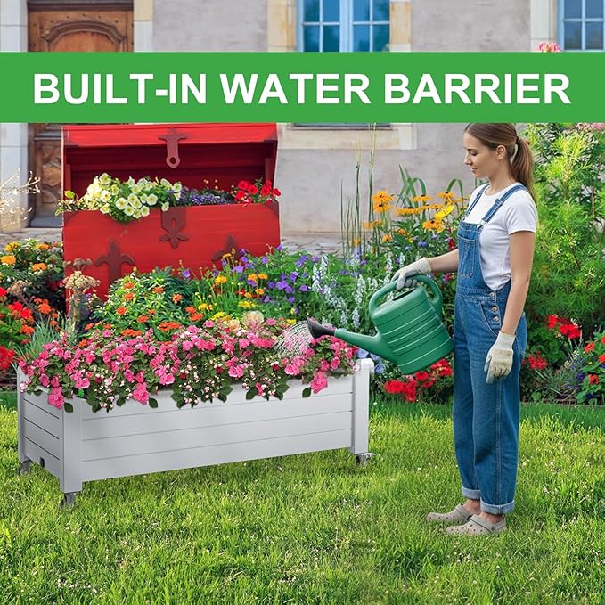 Raised Garden Bed with Wheels, 21 Gallon Self-Watering Outdoor Raised Planter Box with Drainage Plug & Gauge for Vegetables Flowers Herbs, Rustproof Resin for Backyard Patio Porch (Ashen) OutdoorLivingPerfected
