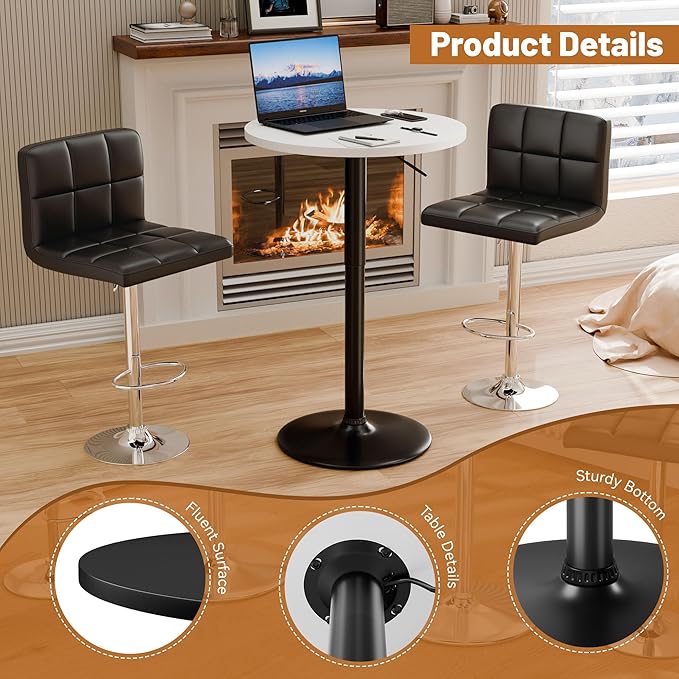 Flamaker Round Bistro Pub Table 23.6 Inch Height Adjustable 360° Swivel Bar Table Metal Base for Pub, Dining Room, Party (1, White-Black) Flamaker