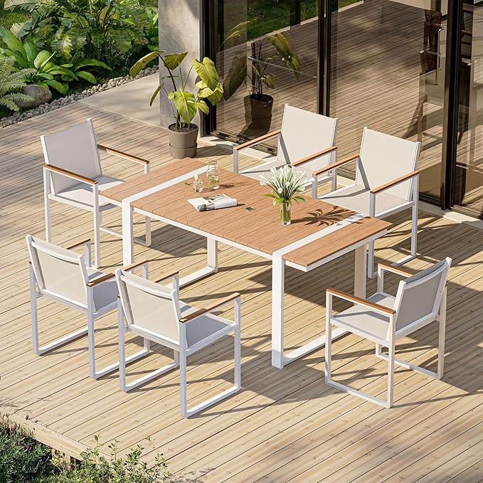 Outdoor Dining Chairs Set of 2, Aluminum Patio Dining Chiars with Textilene Mesh, 2 Piece Outdoor Chiars for Garden, Backyard, Deck (White-Teak) Oasbira