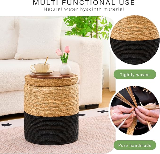 Wimarsbon Round Pouf Ottomans, Handwoven Natural Water Hyacinth Seagrass Pouffe,Outdoor Rattan Stool Accent Seat, Bohemian Coastal Home Decor (Storage -14inch Natural Cattail & Black Corn Shell) Wimarsbon