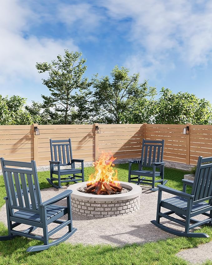 GarveeLife Poly Lumber Rocking Chair Outdoor Set of 4 - HDPE High Back Porch Rocker Chairs for Adults - All Weather Resistant Furniture for Patio - Navy Blue GarveeLife