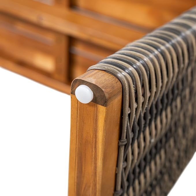 Christopher Knight Home Pasco Acacia Wood Outdoor Dining Table Set for 6, Wicker Patio Dining Set with Acacia Wood Table and Bench, Patio Table and Chair Set with Cushion+Rope Backrest, Teak+Grey ChristopherKnightHome