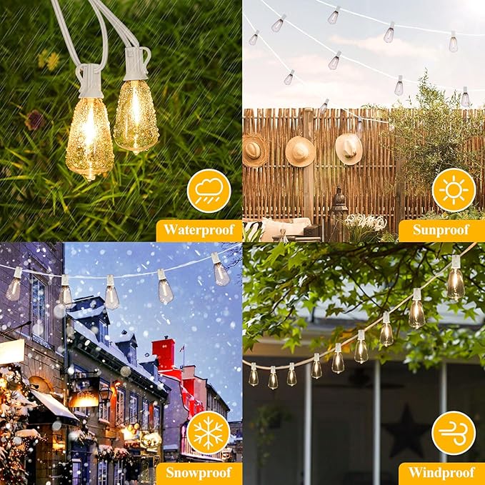 Brightever LED Outdoor String Lights,100FT Patio Lights with 52 Shatterproof ST38 Vintage Edison Bulbs 2700K Dimmable, Outside Hanging Light Waterproof for Porch Deck, Garden, Backyard, Balcony White Brightever