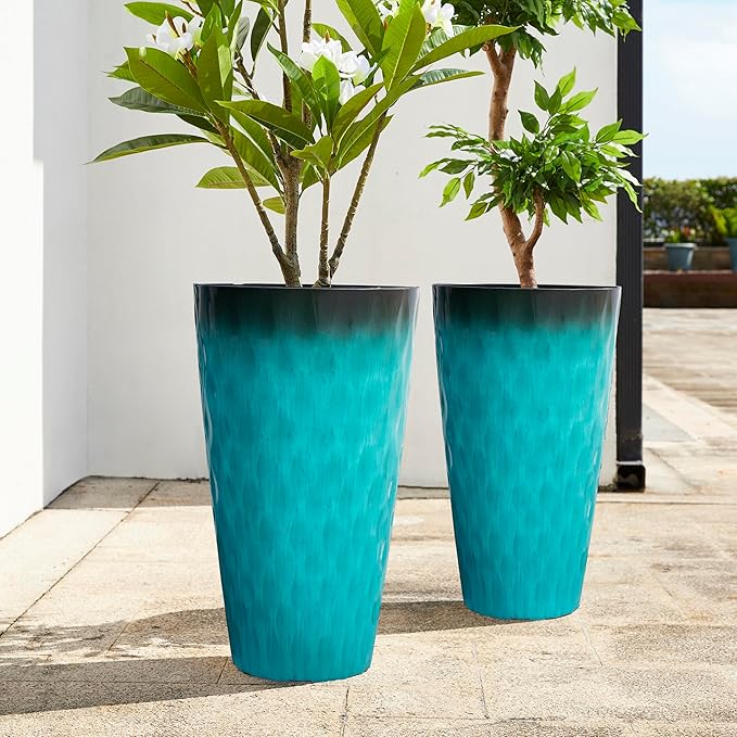 Glitzhome 23.75" H Oversized Tall Planter, Set of 2 Wavy Texture Turquoise Large Planters for Outdoor Plants, with Drainage Hole, Plastic Large Flower Pots for Porch,Garden, Patio or Indoor Use Glitzhome