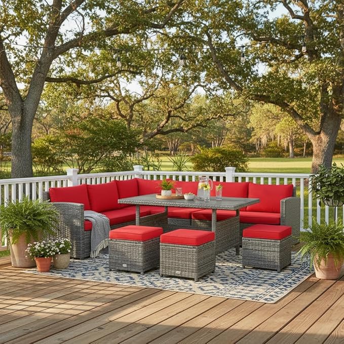 Tangkula 7 Pieces Patio Furniture Set, Outdoor Sectional Rattan Sofa Set with Cushions, All Weather Wicker Conversation Couch Set w/Dining Table & Ottomans for Backyard Garden Poolside TANGKULA