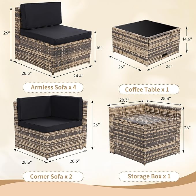8-Piece Patio Furniture Set, Outdoor Wicker Rattan Sectional with Thick Cushions, Glass Top Table with Hidden Storage, Outdoor Conversation Set for Backyard, Porch, Patio, Black KROFEM