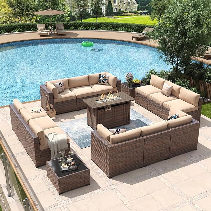 Aoxun 15 Piece Patio Furniture Set with 44” Fire Pit Table Wicker Rattan Outdoor Sectional Sofa Set with Coffee Table and Thickened Cushions, Beige (Waterproof Cover Included) Aoxun